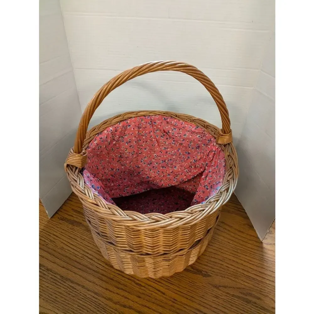 Vintage Woven Wicker Gathering Basket with Calico Drawstring Liner Sewing 18